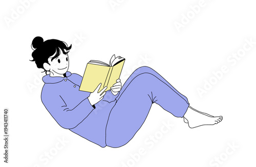 パジャマ姿でリラックスする女性のイラスト　おうち時間と睡眠　手書きベクター素材