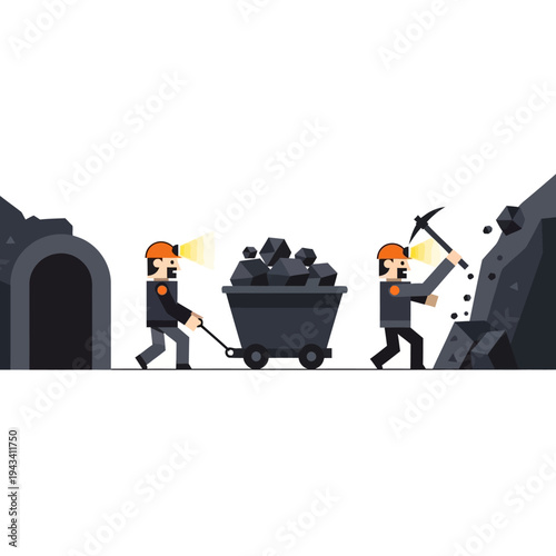 Miners digging coal in mine cart with pickaxe and headlamps, industrial work