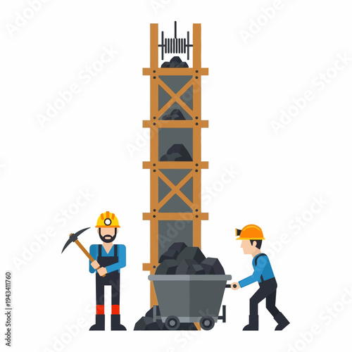 Miners Extracting Coal with Cart and Elevator System
