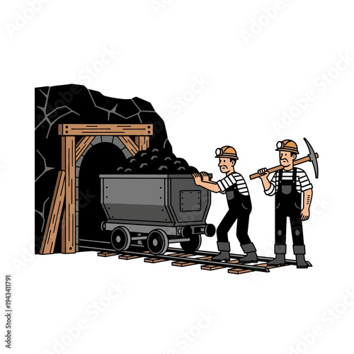 Miners pushing coal cart out of mine entrance with pickaxe, mining industry concept