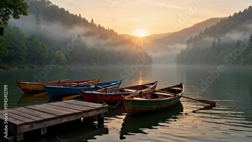 Scenic sunrise on a tranquil lake with boats and wooden dock