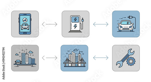Electric Vehicle Charging Process Icons.