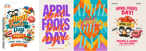 April Fools Day colorful poster set with prank props, joker hat, funny glasses and playful typography. Humor celebration designs for party invitations, greeting cards, event banners and festive poster