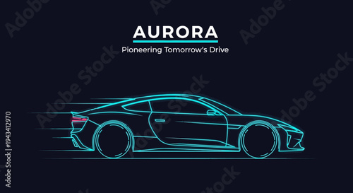 Neon Line Drawing Sports Car Side Profile Illustration.