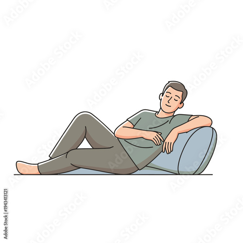Man relaxing on floor with pillow, comfortable rest, peaceful sleep, casual lifestyle