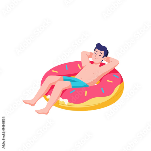 Man Relaxing on Donut Float in Pool - Summer Vacation Fun