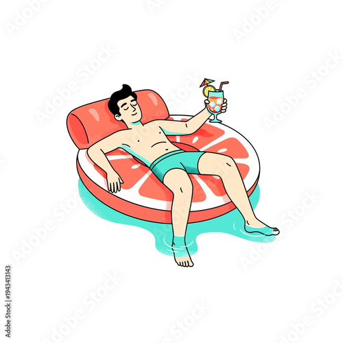 Man relaxing on grapefruit float with cocktail in pool, summer vacation vibes