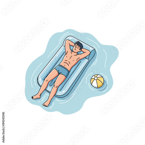 Man Relaxing on Inflatable Mattress in Pool with Beach Ball, Summer Vacation