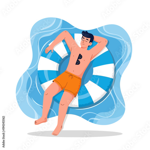 Man relaxing on inflatable ring in blue water, summer vacation, sunbathing, leisure