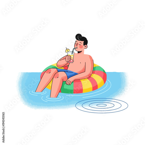 Man Relaxing on Inflatable Ring in Pool Drinking Cocktail