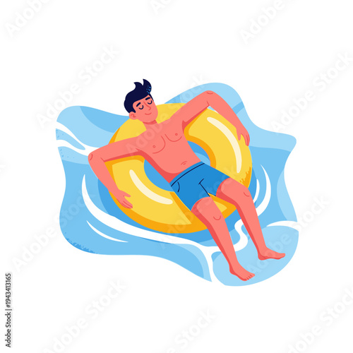 Man Relaxing on Inflatable Ring in Blue Water, Summer Vacation
