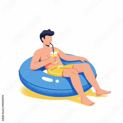 Man relaxing on inflatable ring in pool, drinking cocktail, summer vacation lifestyle