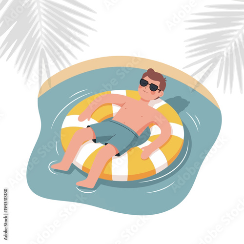Man Relaxing on Inflatable Ring in Pool, Summer Vacation, Sunbathing, Tropical Vibes