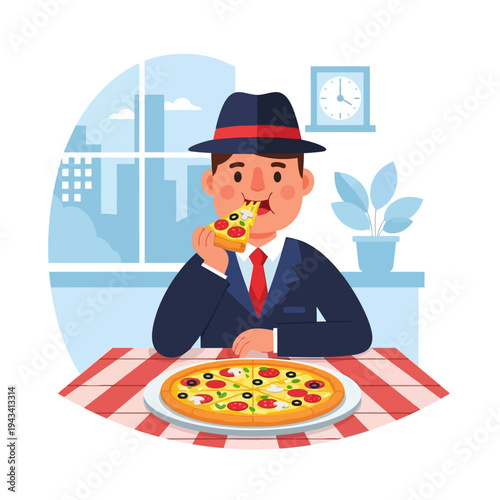 Man in Suit and Hat Eating Pizza at Table with City View