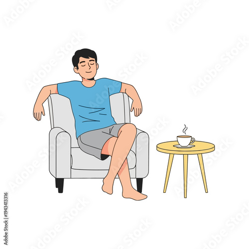 Man relaxing in armchair with coffee, enjoying peaceful moment at home