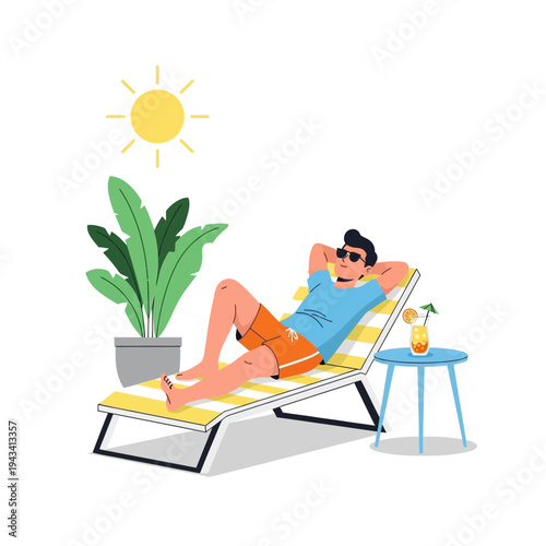 Man relaxing on a lounge chair outdoors, enjoying sunshine and a drink.