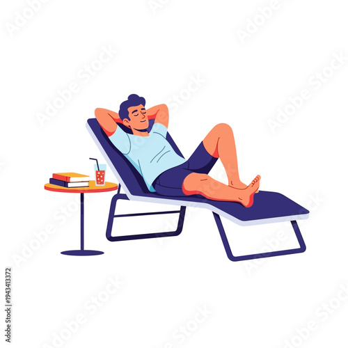 Man relaxing on a lounge chair with book and drink, enjoying leisure time outdoors