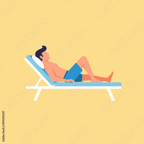 Man relaxing on a sun lounger, enjoying summer vacation, sunbathing on beach chair
