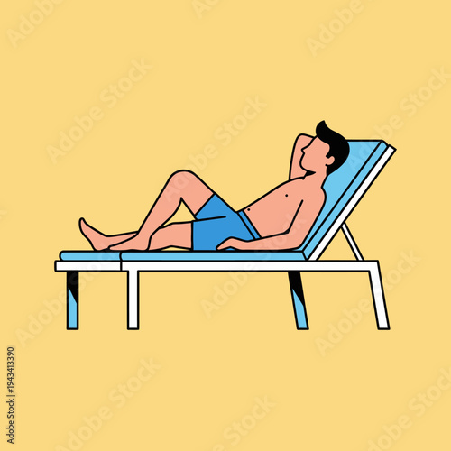 Man relaxing on a sun lounger at the beach, enjoying summer vacation, tanned skin, blue shorts