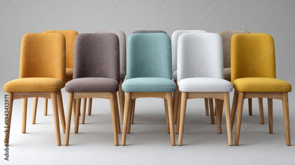 Obraz premium Colorful modern upholstered chairs arranged in studio setting