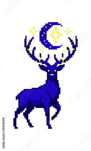 Pixel art deer with celestial crown and starry night background