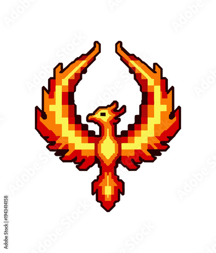 Pixel art phoenix bird on black background digital illustration