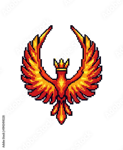 Pixelated phoenix icon with crown vector illustration on black background