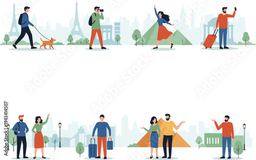 Illustrated travel scenes with tourists at Eiffel Tower and pyramids taking selfies, walking dogs, photographing, and carrying luggage