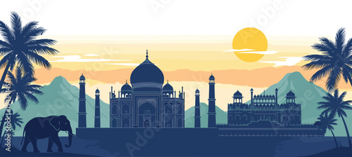 Stylized illustration of Taj Mahal with palm trees, elephant, mountains, and sunset sky representing Indian heritage and cultural landscape