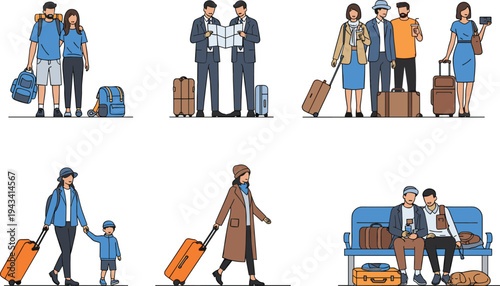 Illustrated travel groups including couples, families, elderly travelers, and friends with luggage, maps, and selfie sticks in vacation settings