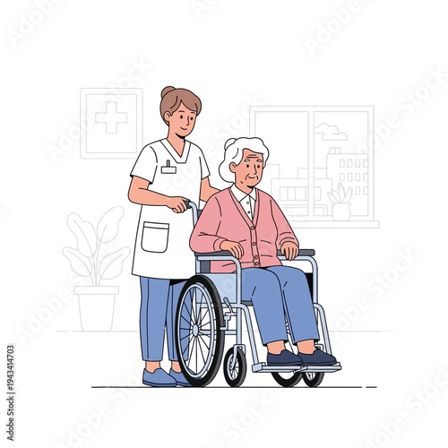 Nurse pushing elderly woman in wheelchair in hospital hallway, healthcare assistance, medical care