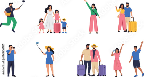 Illustrated travel scenes showing tourists with luggage, taking selfies, family vacation moments, and couples enjoying photography during trips