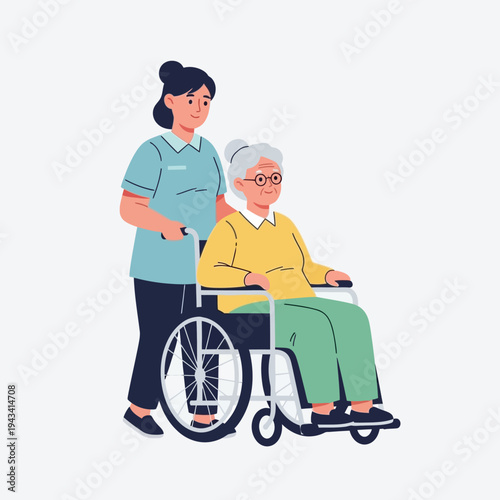 Nurse pushing elderly woman in wheelchair, healthcare assistance, senior care, medical support
