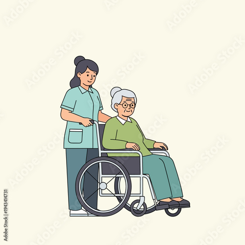 Nurse pushing elderly woman in wheelchair, healthcare, medical assistance, senior care, support