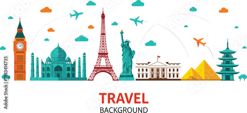 Stylized travel background illustration featuring global landmarks including Eiffel Tower, Taj Mahal, Statue of Liberty, Pyramids, Big Ben, and airplanes