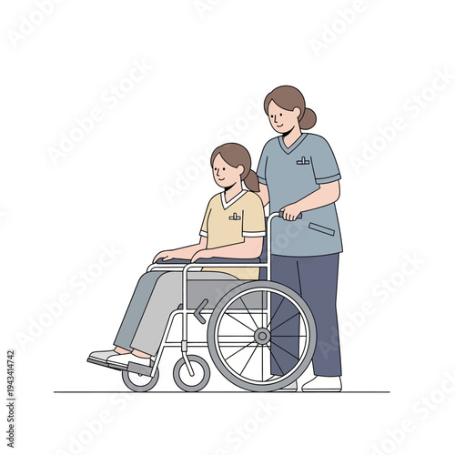 Nurse pushing patient in wheelchair, healthcare, medical assistance, support, care, hospital, clinic