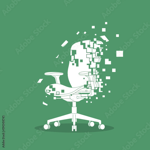 Office chair disintegrating into digital pixels, concept of remote work or job loss