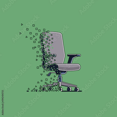 Office chair disintegrating into geometric shapes, symbolizing change or loss