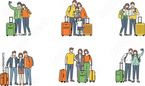 Illustrated travel groups with luggage showing couples, families, and friends taking selfies, reading maps, and preparing for vacation trips