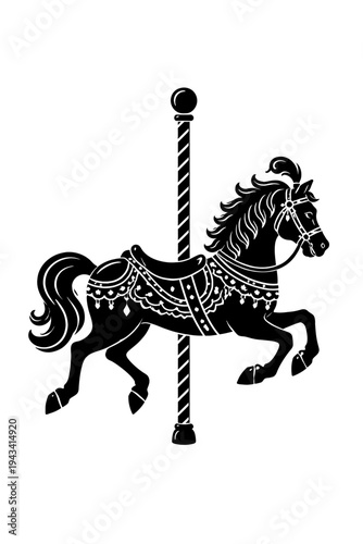 Black carousel horse silhouette vector art for vintage carnival, amusement park, nostalgic designs. Ornate saddle, bridle, striped pole. Perfect for children's parties, festive decor, whimsical art pr