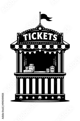 Classic Vintage Black and White Carnival Ticket Booth Illustration with Striped Awning, Bold 'TICKETS' Signage, Decorative Flag, Charming Stars & Lights, and a 'TIPS' Jar - Ideal for Fairground Entry