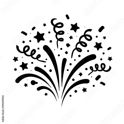Vibrant monochrome celebratory explosion vector design with dynamic hand-drawn confetti, swirling streamers, and sparkling stars, capturing the essence of parties, success, holidays, and triumphant mo