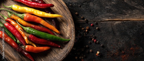 Colorful hot peppers on a rustic wooden board