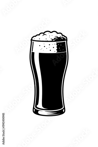 Elegant black and white vector graphic of a classic pint glass, brimming with dark beer and a thick, frothy head. This monochrome illustration captures the essence of refreshing traditional alcoholic