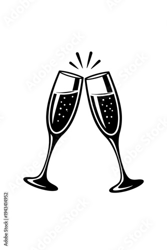 Black & white vector of two champagne flutes clinking in a joyful toast, symbolizing celebration, success, and festive occasions. Perfect for New Year's Eve, weddings, anniversaries, birthdays, and sp