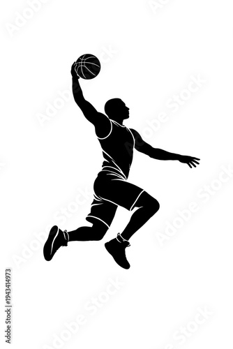 Dynamic basketball player silhouette capturing an intense, athletic jump shot or slam dunk. This striking vector illustration showcases powerful movement, skill, and the energetic essence of competiti