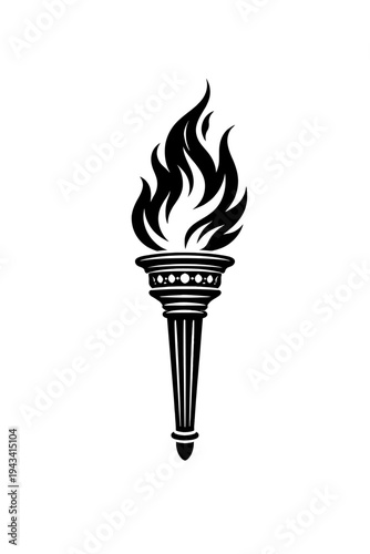 Vector illustration of a stylized flaming torch, rendered in striking black and white, powerfully symbolizing guiding light, enduring hope, knowledge, and triumphant victory for inspirational designs