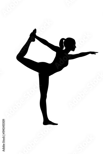 Graceful silhouette of a woman performing the demanding Dancer's Pose (Natarajasana) in a yoga session, embodying strength, balance, and flexibility. This artistic vector highlights fitness, wellness,