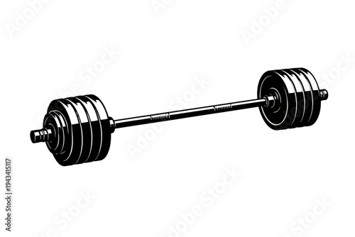 Dynamic black and white vector art of a classic barbell, heavily loaded with shiny weight plates, ready for intense strength training, muscle building, and powerlifting in any gym or home fitness regi