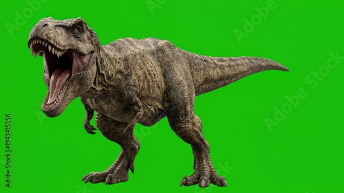 Roaring t rex isolated on green screen chroma key for vfx projects